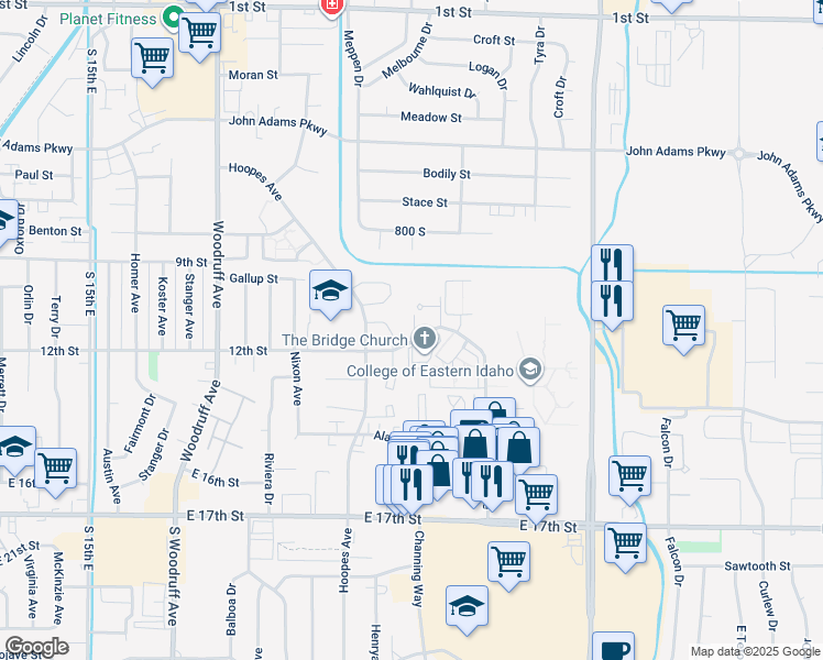 map of restaurants, bars, coffee shops, grocery stores, and more near 2145 12th Street in Idaho Falls