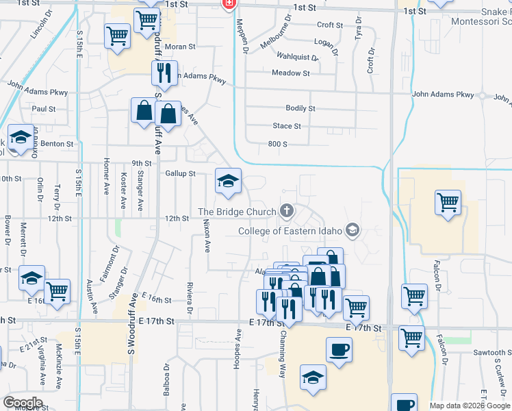 map of restaurants, bars, coffee shops, grocery stores, and more near 1115 Hoopes Avenue in Idaho Falls