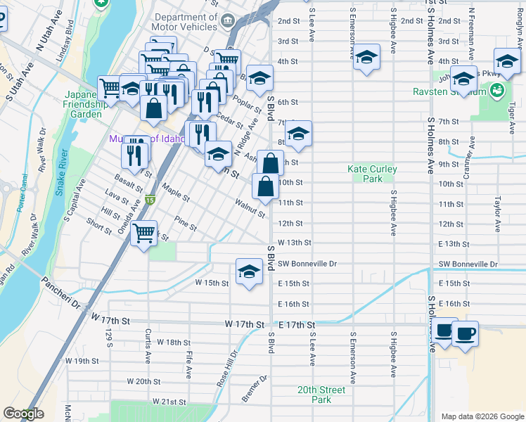 map of restaurants, bars, coffee shops, grocery stores, and more near 1085 South Boulevard in Idaho Falls