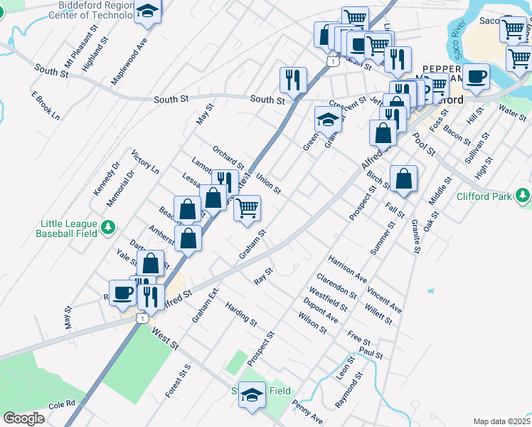 map of restaurants, bars, coffee shops, grocery stores, and more near 1 Dale Circle in Biddeford
