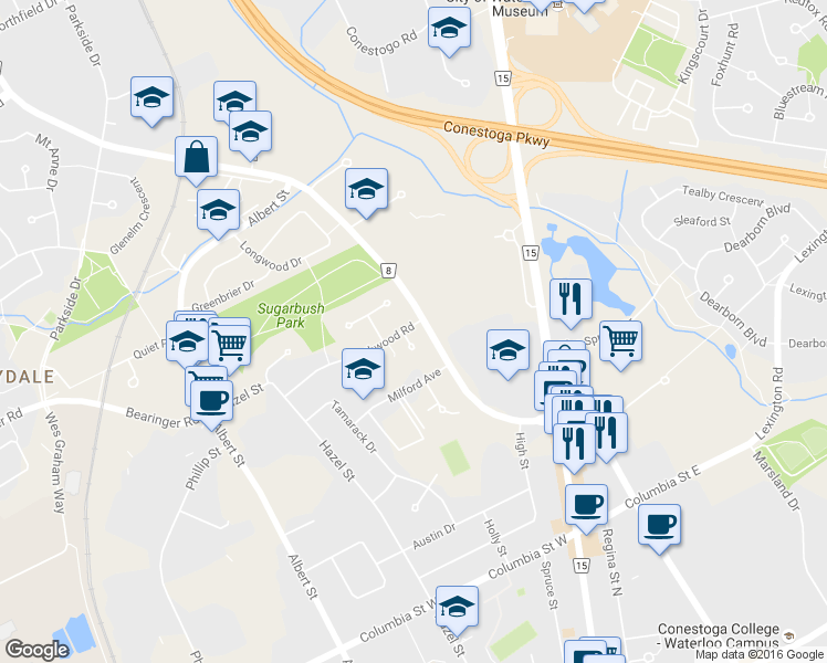 map of restaurants, bars, coffee shops, grocery stores, and more near 66 Blythwood Road in Waterloo