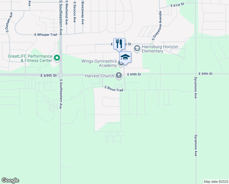 map of restaurants, bars, coffee shops, grocery stores, and more near 3611 East Bison Trail in Sioux Falls