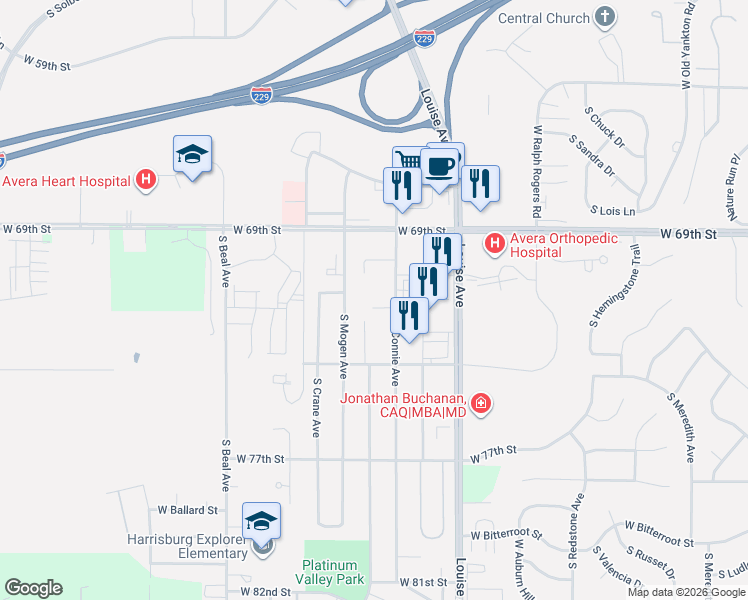 map of restaurants, bars, coffee shops, grocery stores, and more near 6315 South Connie Avenue in Sioux Falls