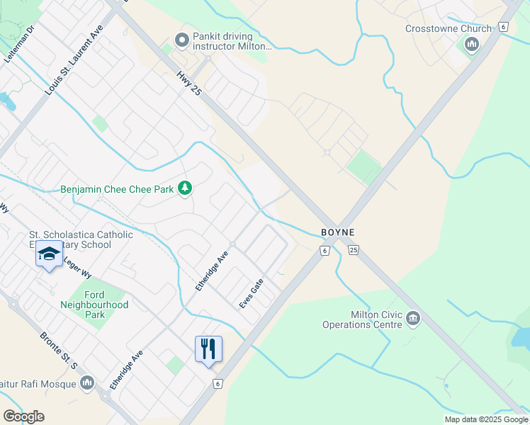 map of restaurants, bars, coffee shops, grocery stores, and more near 486 Etheridge Avenue in Milton