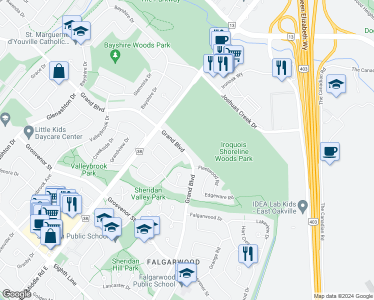 map of restaurants, bars, coffee shops, grocery stores, and more near 1462 Grand Boulevard in Oakville