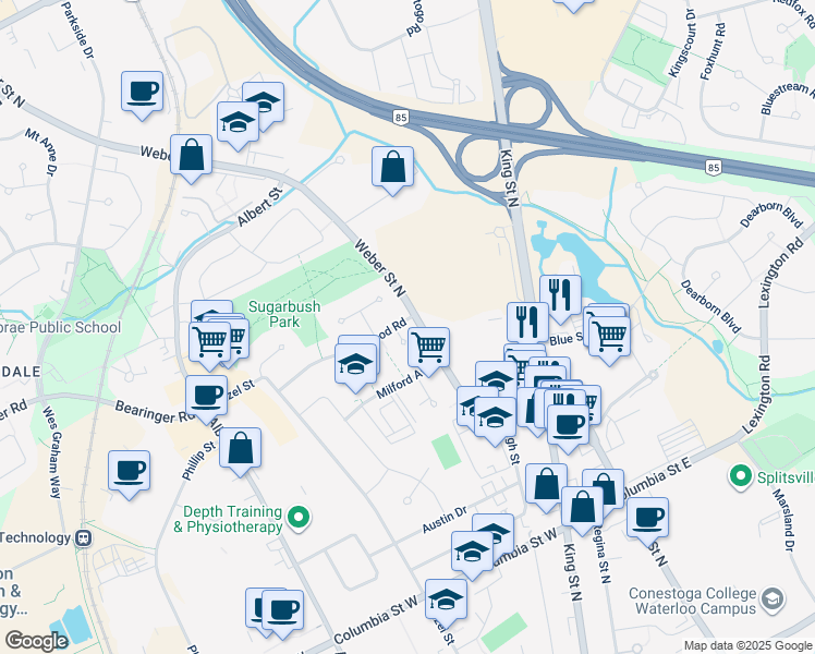 map of restaurants, bars, coffee shops, grocery stores, and more near 69 Blythwood Road in Waterloo