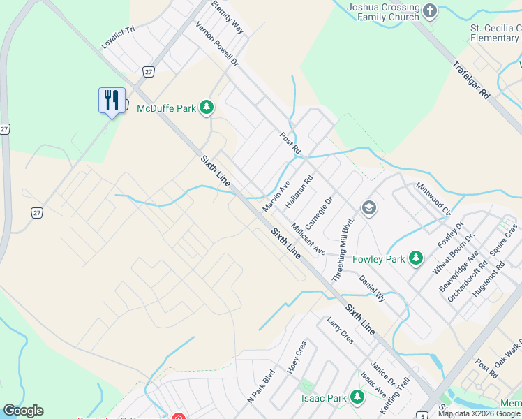map of restaurants, bars, coffee shops, grocery stores, and more near in Oakville