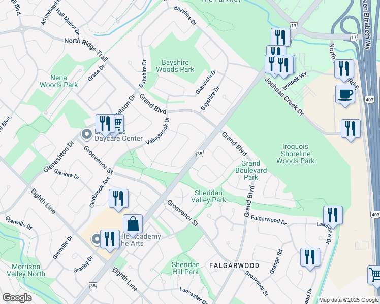map of restaurants, bars, coffee shops, grocery stores, and more near 1221 Creekside Drive in Oakville