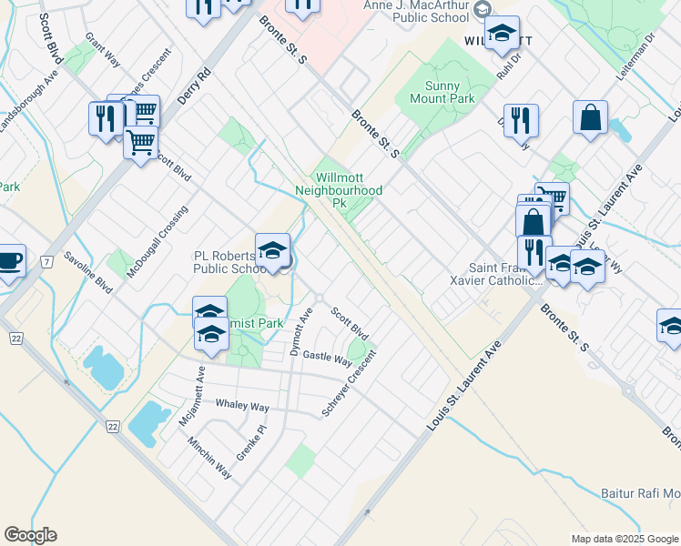map of restaurants, bars, coffee shops, grocery stores, and more near Willet Terrace in Milton