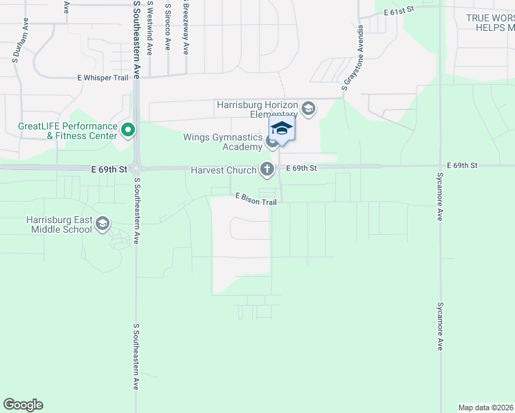 map of restaurants, bars, coffee shops, grocery stores, and more near 3611 East Bison Trail in Sioux Falls
