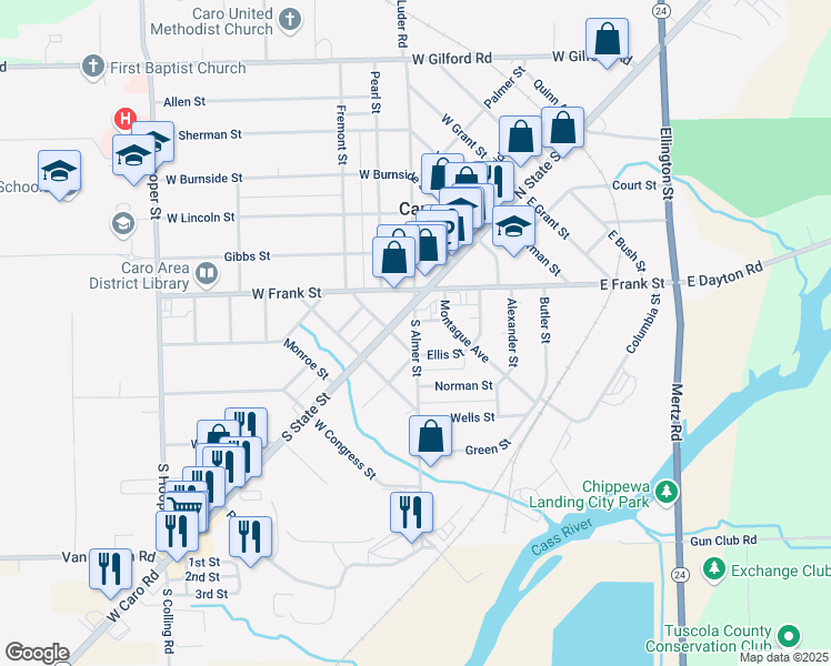 map of restaurants, bars, coffee shops, grocery stores, and more near 235 South Almer Street in Caro