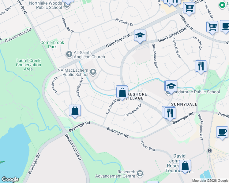 map of restaurants, bars, coffee shops, grocery stores, and more near 530 Fallingbrook Drive in Waterloo