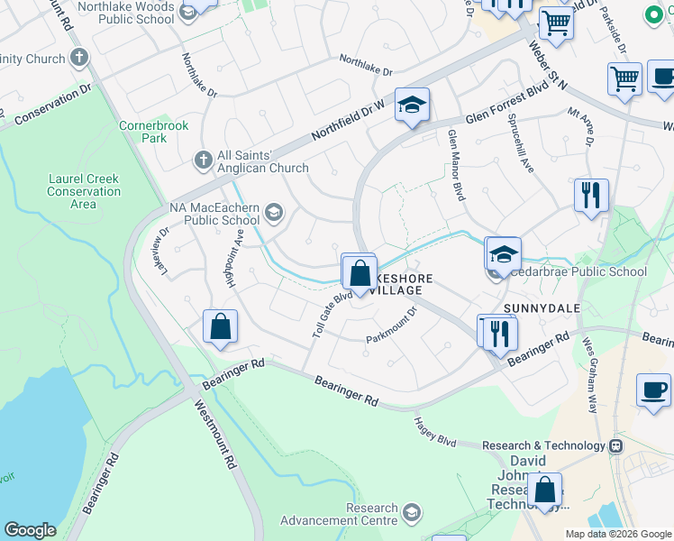 map of restaurants, bars, coffee shops, grocery stores, and more near 525 Fallingbrook Drive in Waterloo