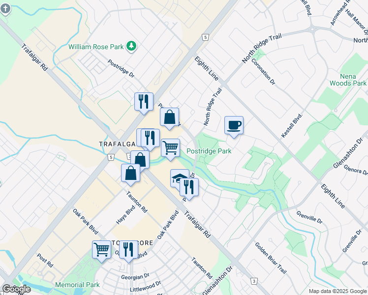 map of restaurants, bars, coffee shops, grocery stores, and more near 403 Fairgate Way in Oakville