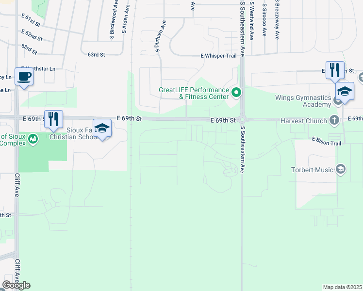 map of restaurants, bars, coffee shops, grocery stores, and more near 2618 East Bison Trail in Sioux Falls