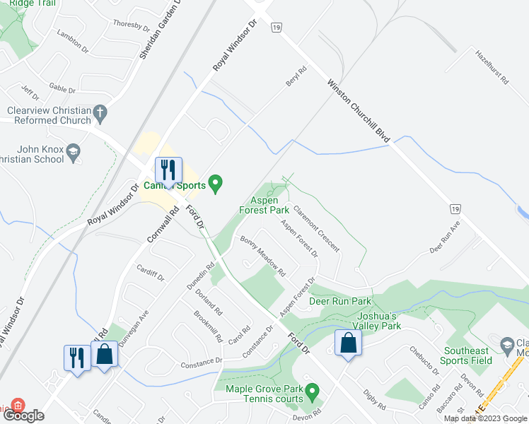 map of restaurants, bars, coffee shops, grocery stores, and more near 456 Aspen Forest Drive in Oakville