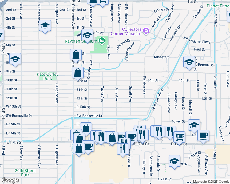 map of restaurants, bars, coffee shops, grocery stores, and more near 798 11th Street in Idaho Falls