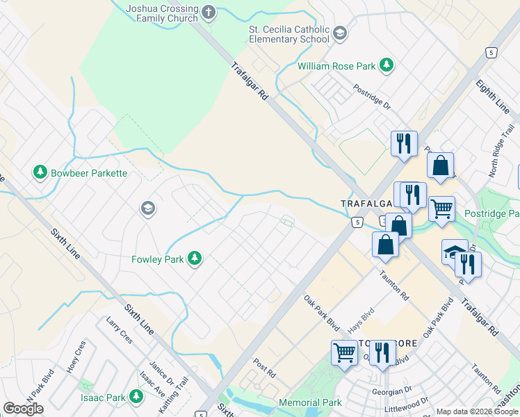 map of restaurants, bars, coffee shops, grocery stores, and more near 235 Fowley Drive in Oakville