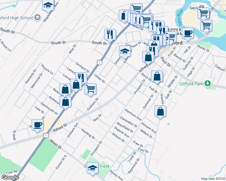 map of restaurants, bars, coffee shops, grocery stores, and more near 34 Union Street in Biddeford