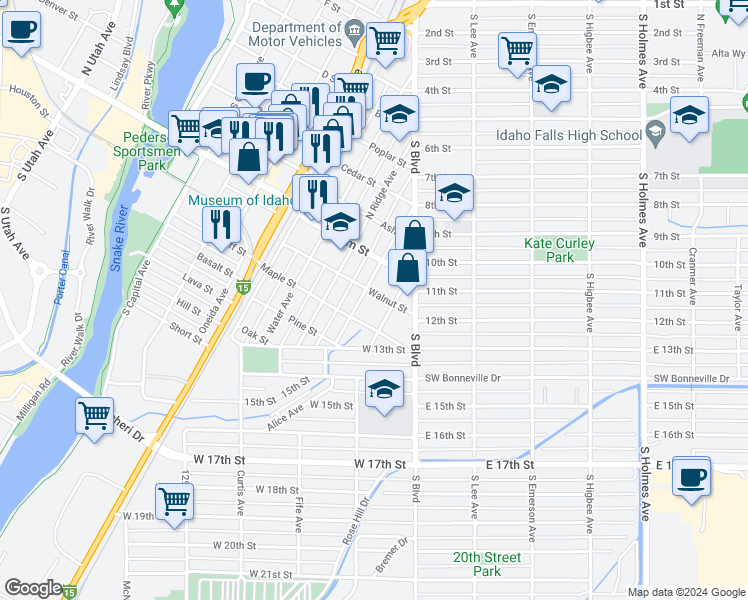 map of restaurants, bars, coffee shops, grocery stores, and more near 453 Walnut Street in Idaho Falls