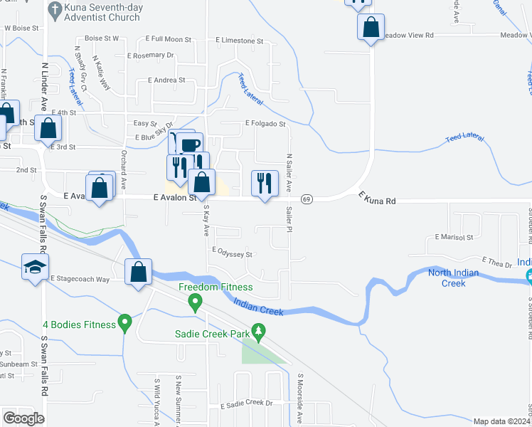 map of restaurants, bars, coffee shops, grocery stores, and more near 1075 East Kuna Road in Kuna