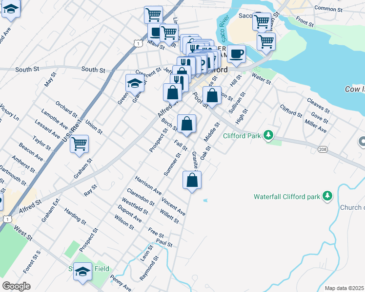 map of restaurants, bars, coffee shops, grocery stores, and more near 23 Fall Street in Biddeford