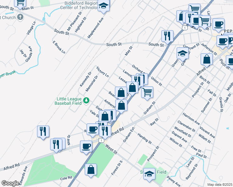map of restaurants, bars, coffee shops, grocery stores, and more near 14 Taylor Street in Biddeford