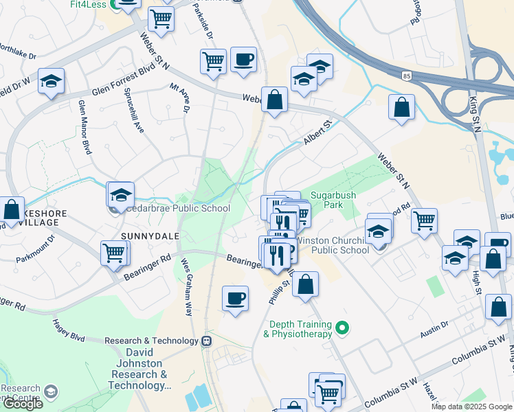 map of restaurants, bars, coffee shops, grocery stores, and more near 525 Albert Street in Waterloo