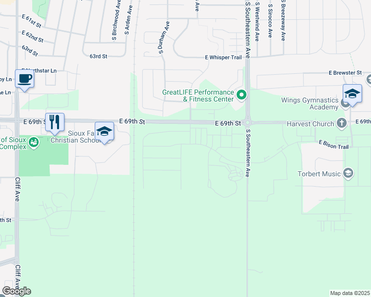 map of restaurants, bars, coffee shops, grocery stores, and more near 2618 East Bison Trail in Sioux Falls