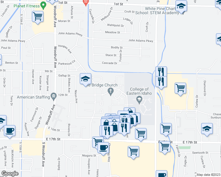 map of restaurants, bars, coffee shops, grocery stores, and more near 2161 12th Street in Idaho Falls
