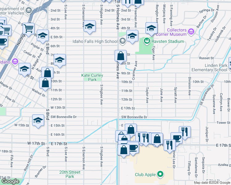 map of restaurants, bars, coffee shops, grocery stores, and more near 486 11th Street in Idaho Falls