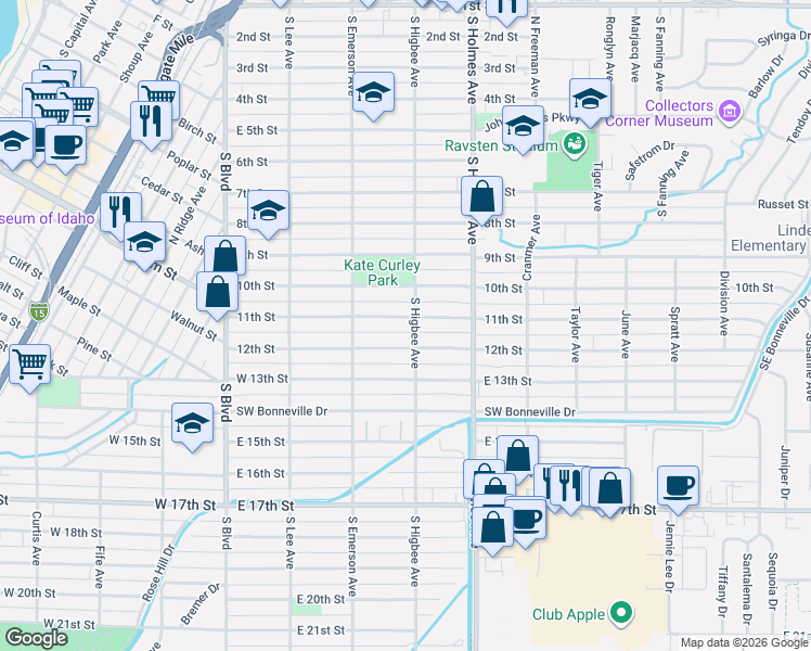 map of restaurants, bars, coffee shops, grocery stores, and more near 405 11th Street in Idaho Falls