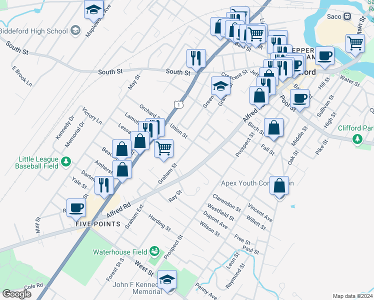 map of restaurants, bars, coffee shops, grocery stores, and more near 2 Dale Circle in Biddeford