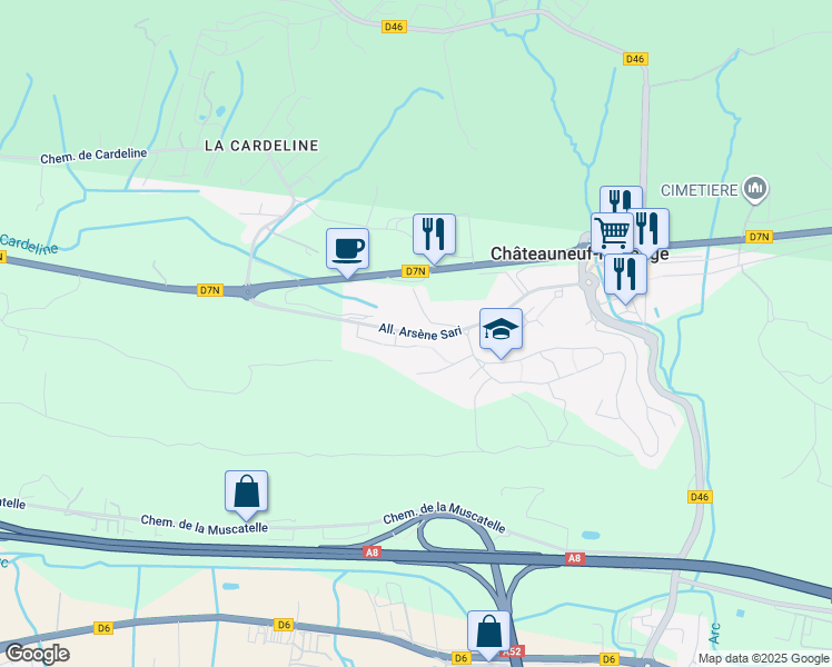 map of restaurants, bars, coffee shops, grocery stores, and more near Allée Arsène Sari in Châteauneuf-le-Rouge