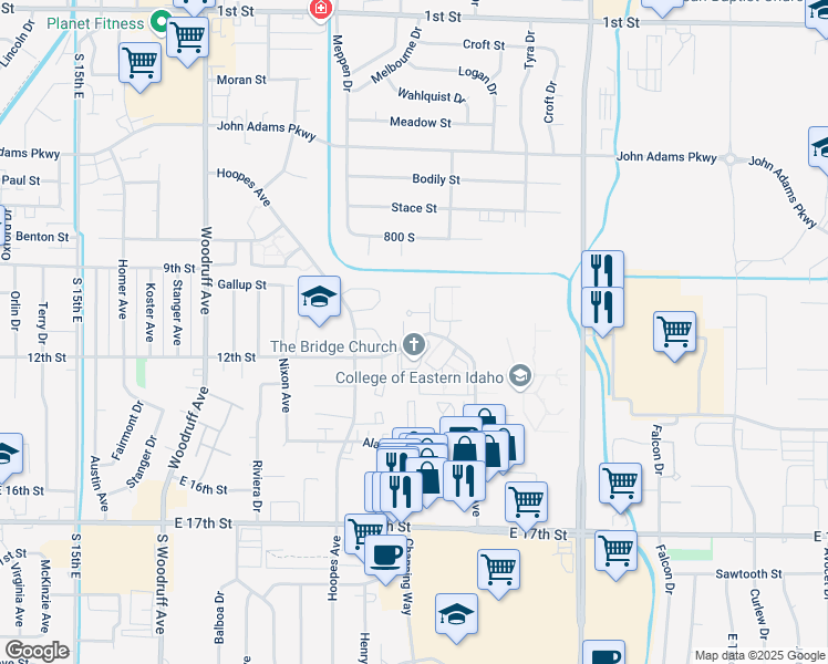 map of restaurants, bars, coffee shops, grocery stores, and more near 2159 12th Street in Idaho Falls