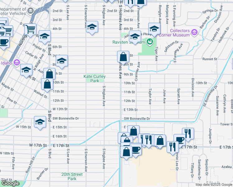 map of restaurants, bars, coffee shops, grocery stores, and more near 486 11th Street in Idaho Falls