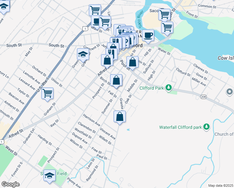 map of restaurants, bars, coffee shops, grocery stores, and more near 136 Hill Street in Biddeford