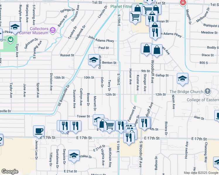 map of restaurants, bars, coffee shops, grocery stores, and more near 1451 Clark Drive in Idaho Falls