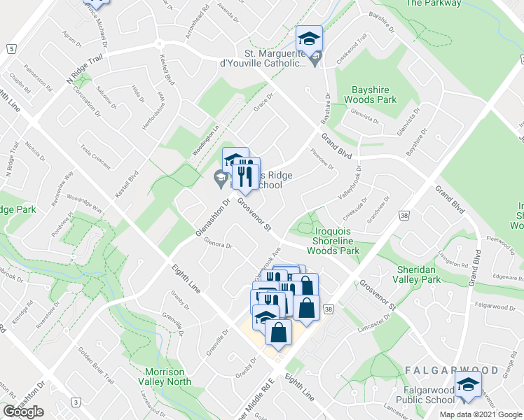 map of restaurants, bars, coffee shops, grocery stores, and more near 1118 Avondale Drive in Oakville