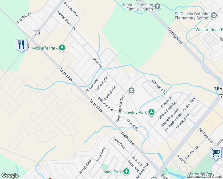 map of restaurants, bars, coffee shops, grocery stores, and more near 3255 Post Road in Oakville