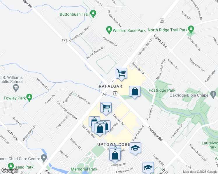 map of restaurants, bars, coffee shops, grocery stores, and more near 3070 Trafalgar Road in Oakville