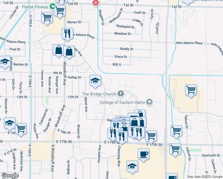 map of restaurants, bars, coffee shops, grocery stores, and more near 1085 Hoopes Avenue in Idaho Falls