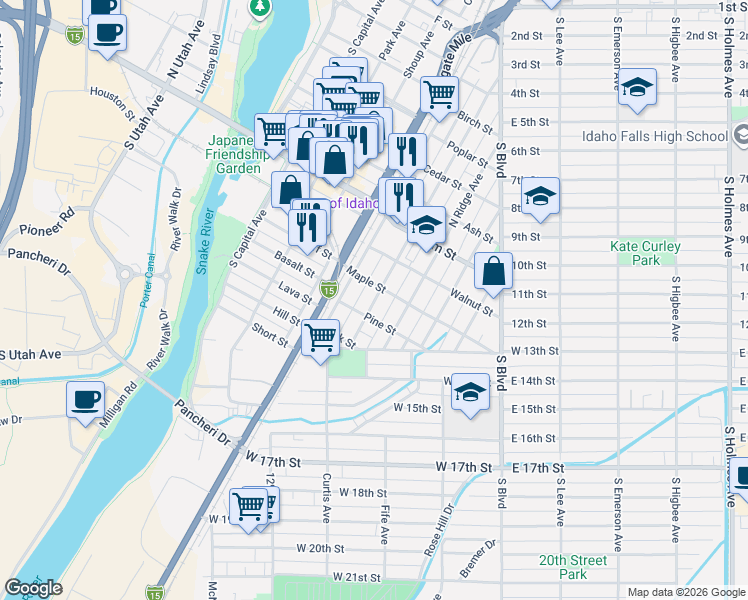 map of restaurants, bars, coffee shops, grocery stores, and more near 224 South Water Avenue in Idaho Falls