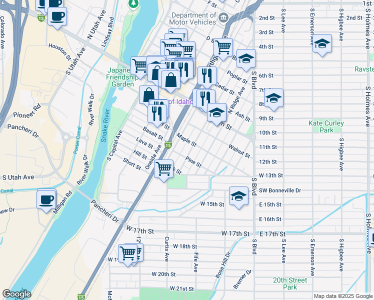map of restaurants, bars, coffee shops, grocery stores, and more near 224 South Water Avenue in Idaho Falls