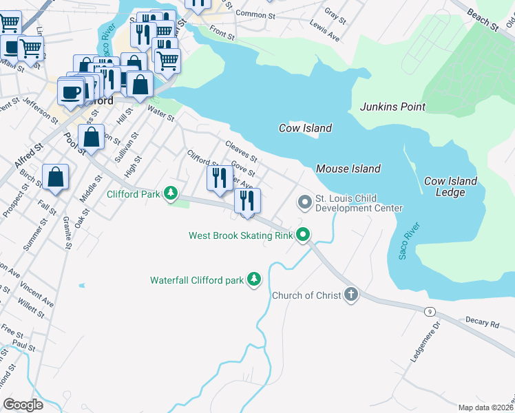 map of restaurants, bars, coffee shops, grocery stores, and more near 197 Pool Street in Biddeford