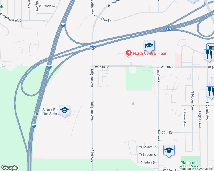 map of restaurants, bars, coffee shops, grocery stores, and more near 6300 South Tallgrass Avenue in Sioux Falls