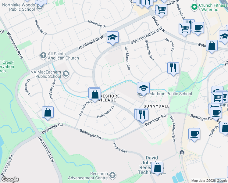 map of restaurants, bars, coffee shops, grocery stores, and more near 560 Brookhaven Crescent in Waterloo