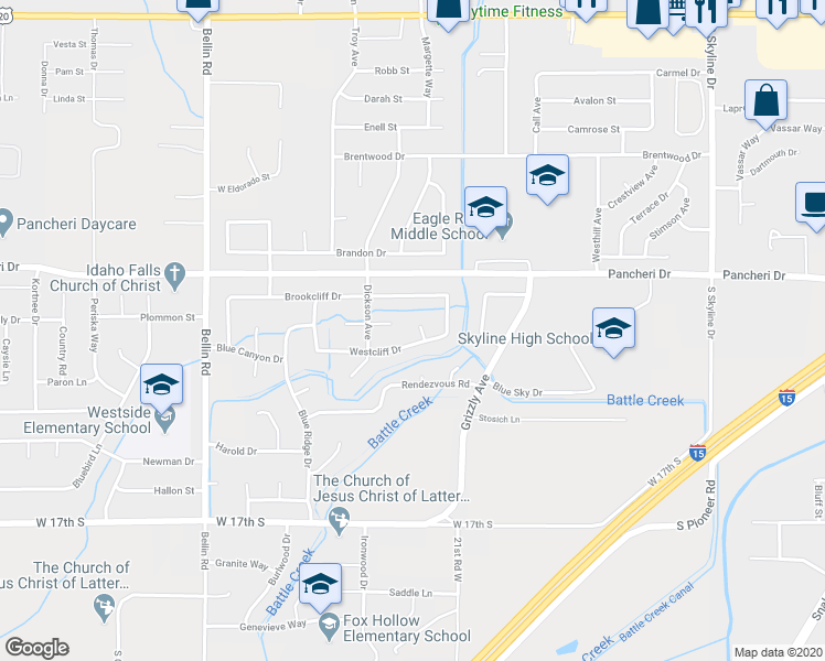 map of restaurants, bars, coffee shops, grocery stores, and more near 2174 Westcliff Circle in Idaho Falls