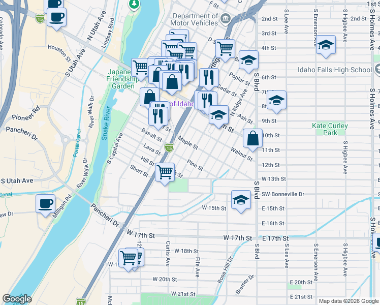 map of restaurants, bars, coffee shops, grocery stores, and more near 224 South Water Avenue in Idaho Falls