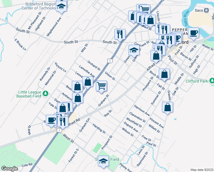 map of restaurants, bars, coffee shops, grocery stores, and more near 1 Dale Circle in Biddeford